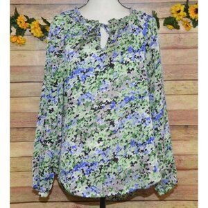 Maria Gabrielle Ladies Green Floral Blouse Top Size L Pleated Lightweight